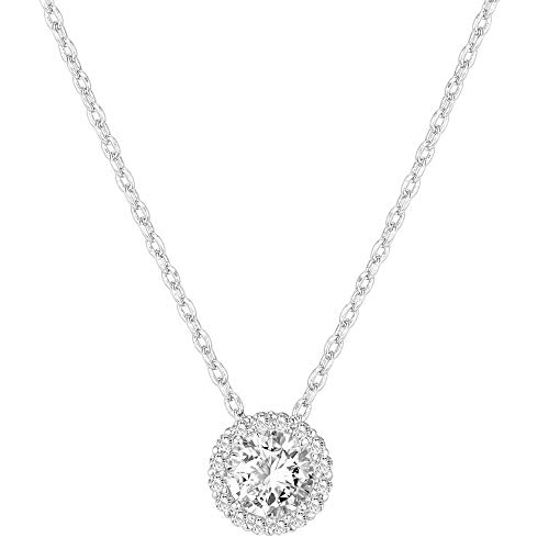 PAVOI 14K Gold Plated Post Faux Diamond Round Solitaire Pendant Halo Necklace in White Gold