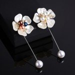 Rinhoo Imitation Pearl Shell Camellia Flower Brooch For Women White Floral Petal Bouquet Long Needle Shirt Collar Lapel Pin Gift