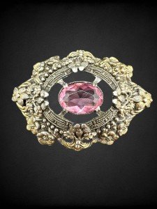 Vintage Domed Intricate Floral Design Pink Czech Glass Sash Pin Brooch