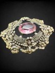 Vintage Domed Intricate Floral Design Pink Czech Glass Sash Pin Brooch