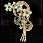VTG Green & Clear Rhinestone Flower Brooch Bouquet Ribbon Floral FREE SHIP