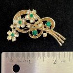 VTG Green & Clear Rhinestone Flower Brooch Bouquet Ribbon Floral FREE SHIP