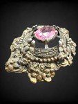 Vintage Domed Intricate Floral Design Pink Czech Glass Sash Pin Brooch