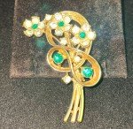 VTG Green & Clear Rhinestone Flower Brooch Bouquet Ribbon Floral FREE SHIP