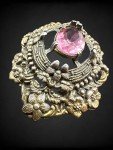 Vintage Domed Intricate Floral Design Pink Czech Glass Sash Pin Brooch
