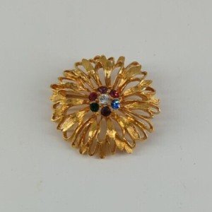 Floral BROOCH Flower Pin Gold Toned Multicolored Rhinestones Fashion Jewelry