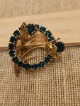 Vintage Roses Floral Gold Tone Green Rhinestones Wreath Round Brooch Pin