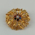 Floral BROOCH Flower Pin Gold Toned Multicolored Rhinestones Fashion Jewelry