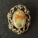 Vintage Painted Porcelain Floral Gold Tone Brooch Pin
