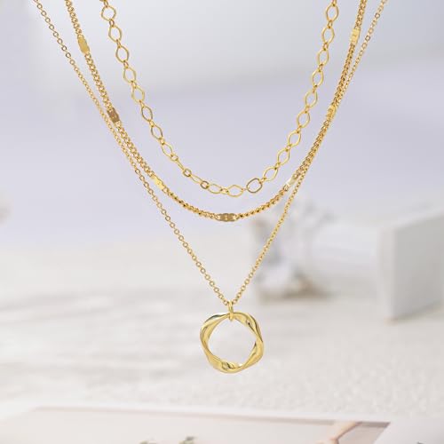 Picuzzy Layered Gold Choker Necklaces for Women, Stackable Stacked Stacking Layering Dainty 14K Gold Plated Necklace Beach Circle Paperclip Cute Pendant Chain Necklaces Trendy Jewelry Set for Women