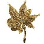 Floral Filigree Enamel Leaf Glitter Rhinestone Gold Tone Brooch Pin Vintage