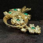 VTG Green & Clear Rhinestone Flower Brooch Bouquet Ribbon Floral FREE SHIP