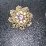 Vintage Filagree Floral Brooch Pink Rhinestone Goldtone 1 3/8"