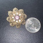 Vintage Filagree Floral Brooch Pink Rhinestone Goldtone 1 3/8"