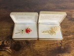 Pair Vintage Gold Tone Floral Brooches Enamel Rose Faux Pearl Cluster Rhinestone