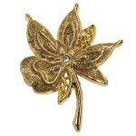 Floral Filigree Enamel Leaf Glitter Rhinestone Gold Tone Brooch Pin Vintage