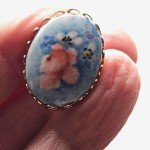 Victorian Style Sm Brooch Oval Porcelain Blue Floral Painted Gold Tone Setting