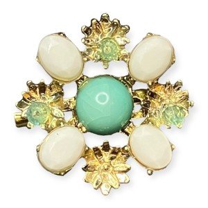 VTG Floral Brooch Mint Green & Cream Cabochons Gold Tone Statement Pin Brooch