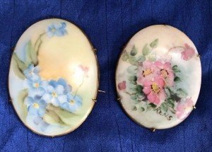 Vintage Antique Hand Painted Artist Signed Floral Porcelain Brooches Set Of 2