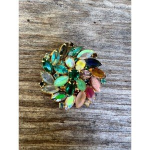 Vintage Multi Color Flower Swirl Pinwheel Stacked Rhinestone Frosted Molded Irid