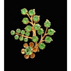 Vintage Crystal Flower Pin Brooch Green Rhinestone Gold Tone Prong Floral BinAT