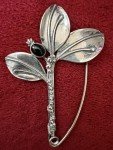 PAIR ART DECO STERLING FLORAL BROOCHES FLORAL W/BLACK STONE SCATTER PIN STYLE