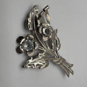 Vintage Flower Brooch Silver Tone Rhinestone Floral Bouquet Pin