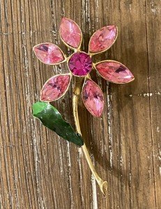 Pink Floral Brooch Crystal Rhinestone & Enamel Gold Plated 2.75"