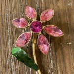 Pink Floral Brooch Crystal Rhinestone & Enamel Gold Plated 2.75"