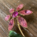 Pink Floral Brooch Crystal Rhinestone & Enamel Gold Plated 2.75"