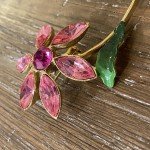 Pink Floral Brooch Crystal Rhinestone & Enamel Gold Plated 2.75"