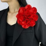 Dainty Satin Fabric Rose Flower Brooches Lapel Pins Delicate Elegant Silk Camellia Flower Oversized Brooch Pin for Women (Red)