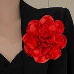 Dainty Satin Fabric Rose Flower Brooches Lapel Pins Delicate Elegant Silk Camellia Flower Oversized Brooch Pin for Women (Red)