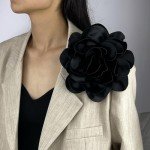 19mm Extra Large Rose Flower Brooches Lapel Pins Dainty Satin Fabric Brooches Big Camellia Flower Brooch Pin for Women Wedding Part Dance Clothes Accessories Jewelry (Black)