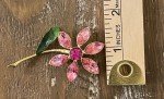 Pink Floral Brooch Crystal Rhinestone & Enamel Gold Plated 2.75"