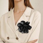 Dainty Satin Fabric Flower Brooches for Women Large Rose Floral Brooch for Party Dance Wedding Banquet Elegant Camellia Fashion Brooch Pin for Women Girl 5.5inch (Black)