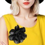 Dainty Satin Fabric Flower Brooches for Women Large Rose Floral Brooch for Party Dance Wedding Banquet Elegant Camellia Fashion Brooch Pin for Women Girl 5.5inch (Black)
