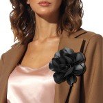 Dainty Satin Fabric Flower Brooches for Women Large Rose Floral Brooch for Party Dance Wedding Banquet Elegant Camellia Fashion Brooch Pin for Women Girl 5.5inch (Black)