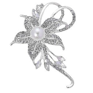 Gold Silver Flower Crystal Brooches Pins Fashion Beautiful Created Rhinestone Pearl Floral Brooch Good Idea for Party Dance Wedding Banquet for Elegant Women Girl (Silver Flower)