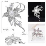 Gold Silver Flower Crystal Brooches Pins Fashion Beautiful Created Rhinestone Pearl Floral Brooch Good Idea for Party Dance Wedding Banquet for Elegant Women Girl (Silver Flower)