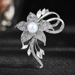 Gold Silver Flower Crystal Brooches Pins Fashion Beautiful Created Rhinestone Pearl Floral Brooch Good Idea for Party Dance Wedding Banquet for Elegant Women Girl (Silver Flower)