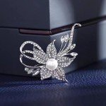 Gold Silver Flower Crystal Brooches Pins Fashion Beautiful Created Rhinestone Pearl Floral Brooch Good Idea for Party Dance Wedding Banquet for Elegant Women Girl (Silver Flower)