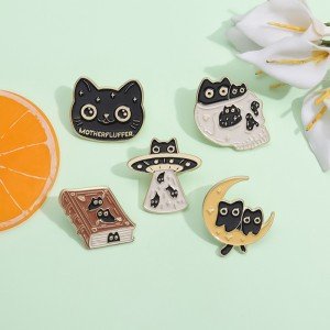 5PCS Creative Cartoon Punk Black Cat Animal Series Pins, Customized Brooches, Lapel Badges, Fun Jewelry Gifts for Children and F