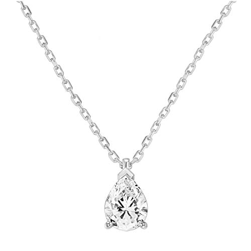 PAVOI 14K Gold Plated Sterling Silver Post Faux Diamond Pear Solitaire Pendant Halo Necklace in White Gold
