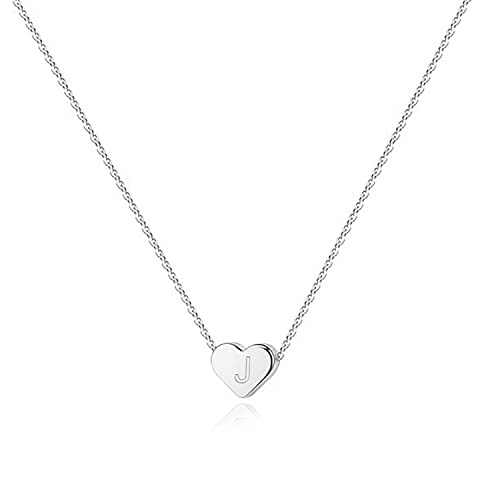 PAVOI 14K White Gold Plated Mini Dainty Heart Initial Necklace | Slider Adjustable Necklace - 18" | Letter Necklaces for Women | J Initial