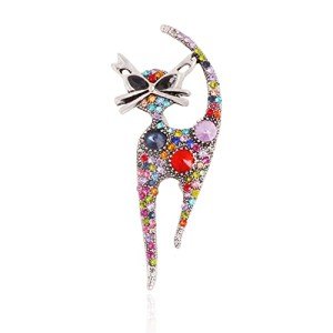 Vintage Rhinestone Cat Brooch Pin for Women Girls Silver Plated Fashion Cute Colorful Crystals Animal Kitten Brooches Lapel Pins Dress Accessories Holiday Birthday Party Jewelry Unisex Gift Souvenir (Cat, Colorful)