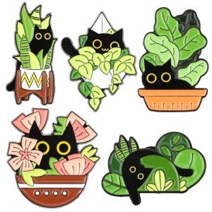 WLLHYF Enamel Pins Set, 5 Pcs Cute Plants Black Cat Pins Kawaii Creative Animal Enamel Brooch Pins DIY Accessories Decor for Backpacks Jackets Jeans