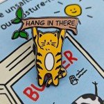 Ficsowy Cute Hang In There Cat Enamel Pin, Motivational Encouragement Badges Animal Brooch for Women, Kids, Boys, Girls (Orange)