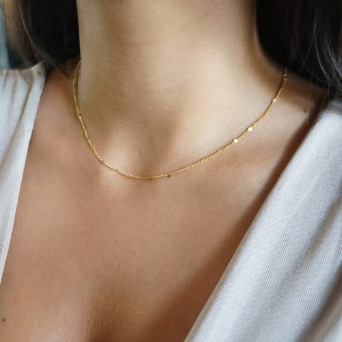 BERISO 14K Gold Plated Dainty Sparkle Dot Chain Necklace Shining Dot Sequins Necklace Simple Necklace with Adjustable Extension Chain Good Gift for Women