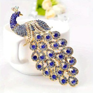Luxury Shiny Rhinestone Blue Peacock Brooch Pin Animal Theme Women Gift